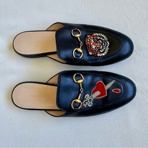 GUCCI Calfskin Crystal Tiger Embroidered Princetown Slippers
